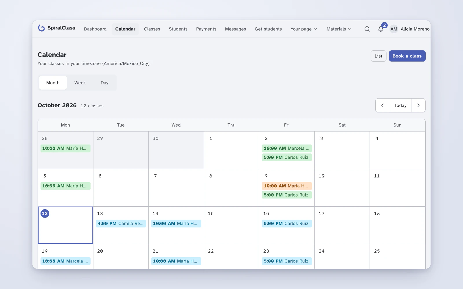A month calendar of a teacher's classes with a newly booked 4:00 PM class on 13 October.