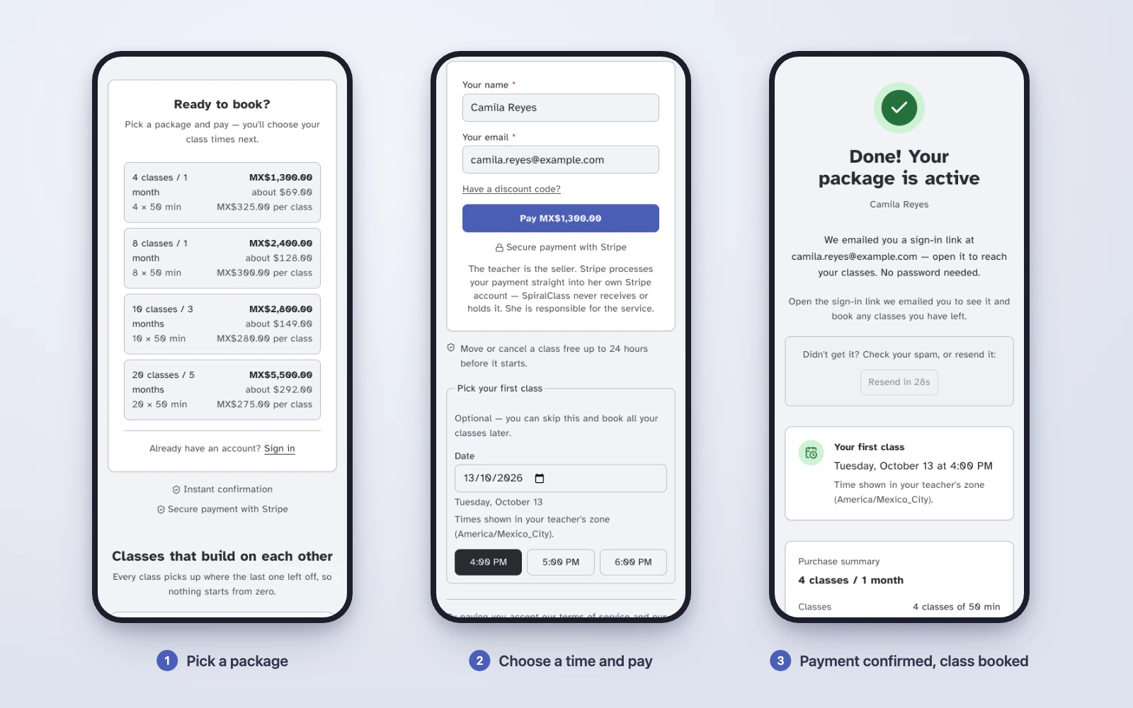 Three phone screens showing a student choosing a class package, picking a time and paying, and seeing confirmation.
